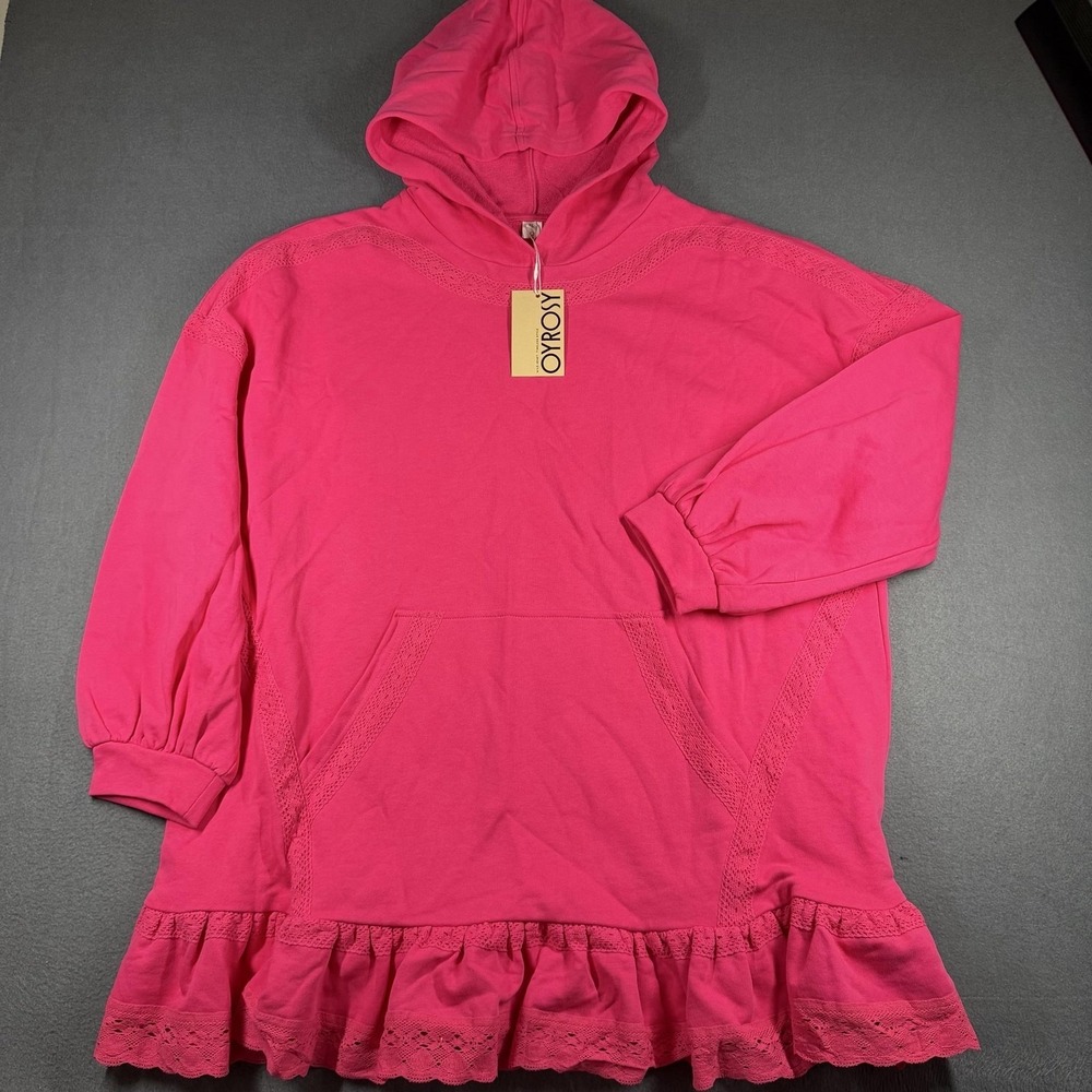 OYROSY Sweater Dress Womens XL Pink Hooded Lace Ruffle Hem 3/4‎ Puff Sleeve NWT